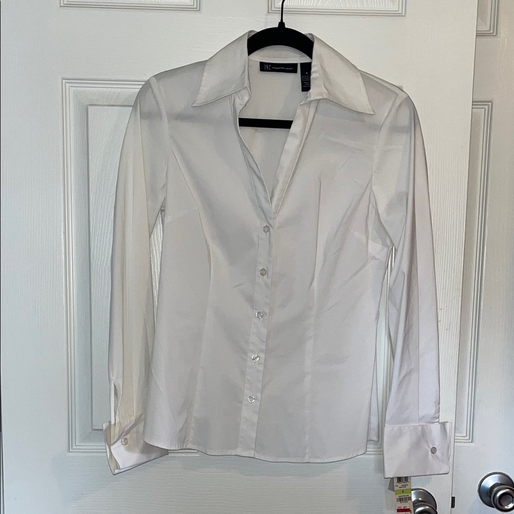 INC International Concepts White Button-Up Collared Blouse